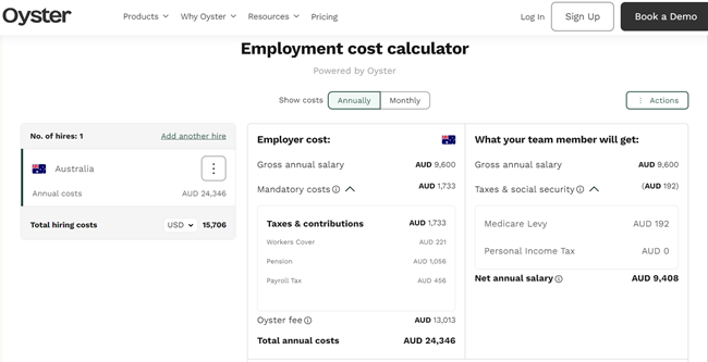 Oyster’s online calculator shows three data columns that display total hiring costs for one employee in Australia, a breakdown of employer costs, and a worker’s expected salary and mandatory deductions.