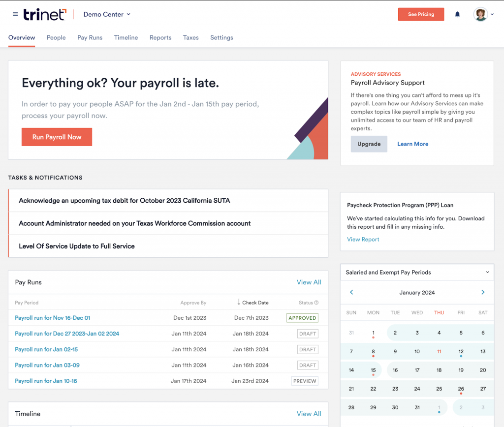 TriNet HR Platform displays a payroll dashboard with a list of notifications plus a calendar highlighting pay cycles and links to current and past pay runs.