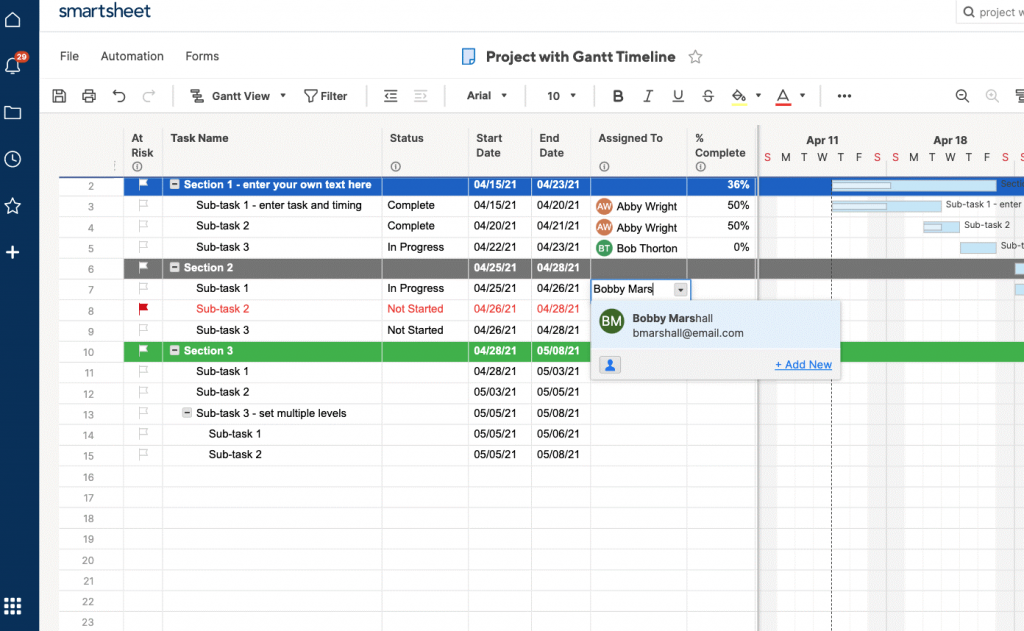 Smartsheet displays a sample project timeline broken into three sections with multiple tasks, subtasks, task owners, statuses, and start/end dates.