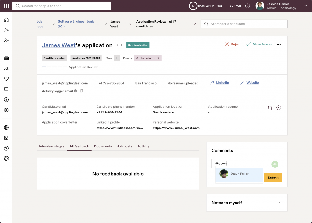 Ripping displays a job application review screen for a candidate named James West, with candidate demographic information and text boxes for recruiters to add comments, notes, and feedback.