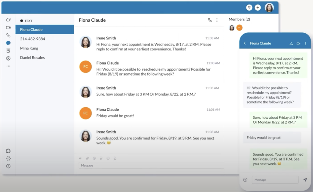 RingCentral business SMS feature on desktop and mobile.