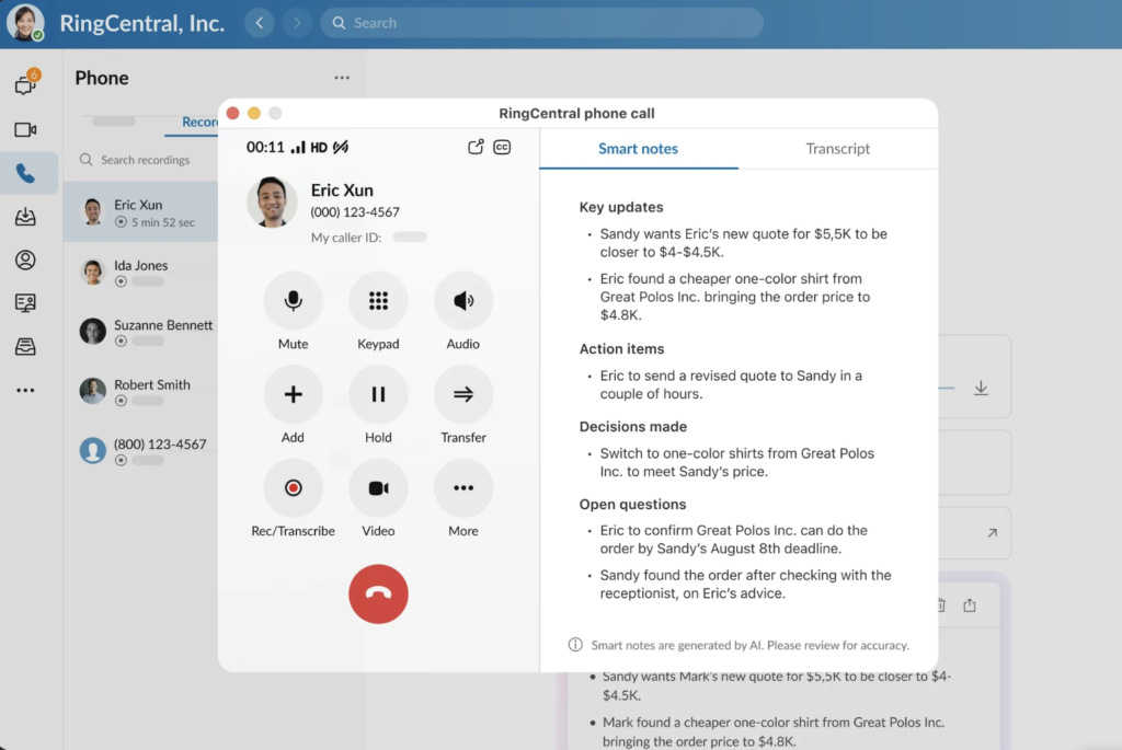 RingCentral desktop app with AI-powered call notes enabled.