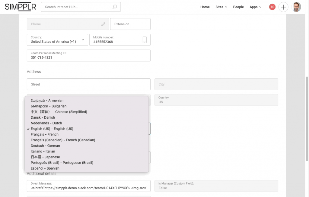 The Simpplr platform displays empty employee demographic fields, like address and mobile number, plus a dropdown menu of several languages to choose from.