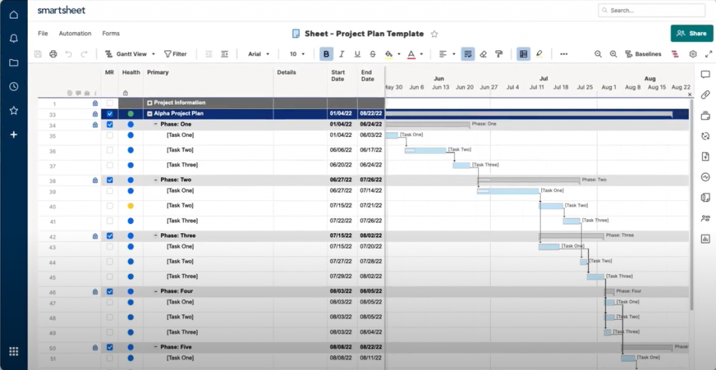 Screenshot of Smartsheet project management tool