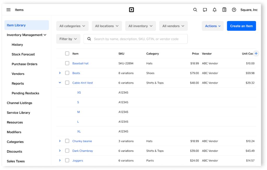 The 'item library' view on the Square web app showing a number of clothing items as well as size variations.