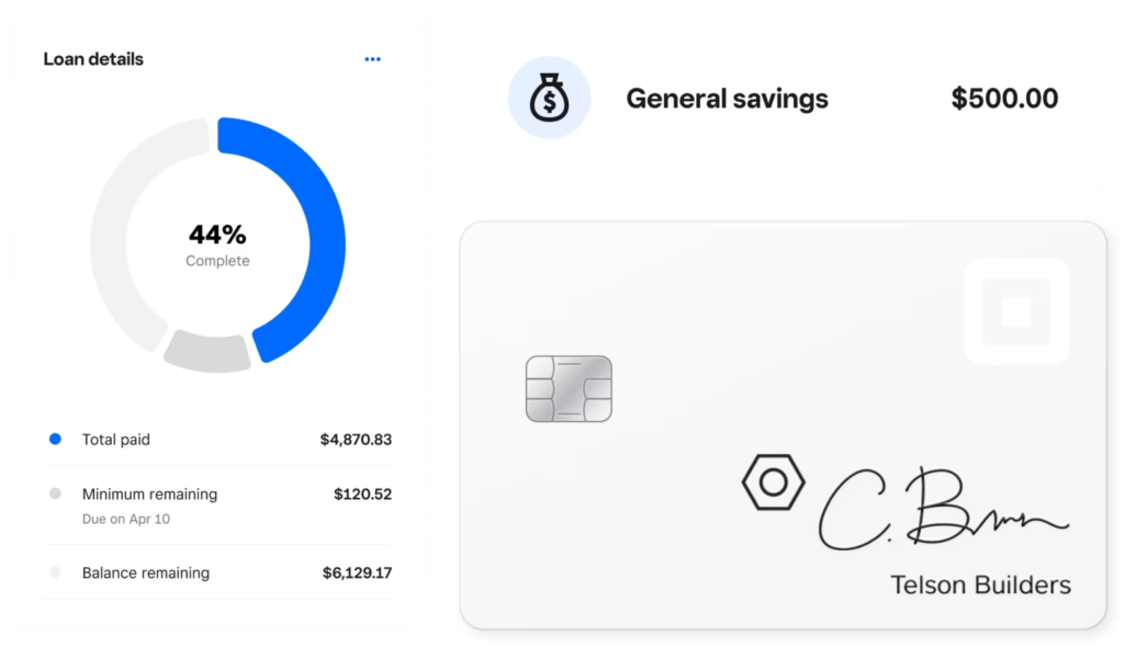 Square Loans with sample loan information on the left and image of savings balance and ATM debit card on the right.