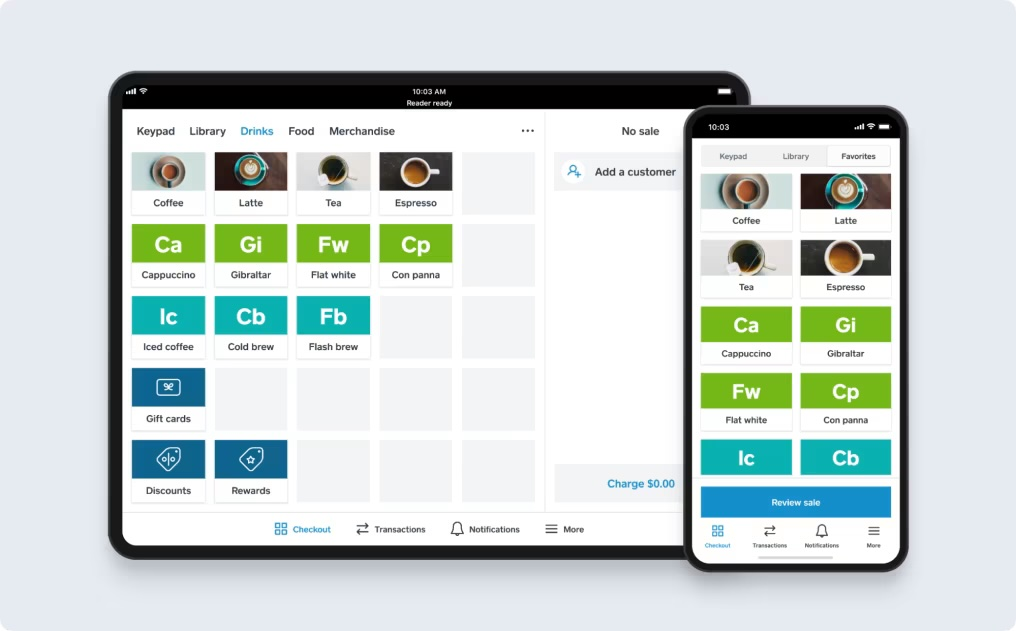 Square POS on an iPad and smartphone.