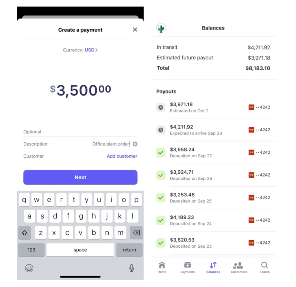 Stripe mobile POS app with sample transaction and transaction records.