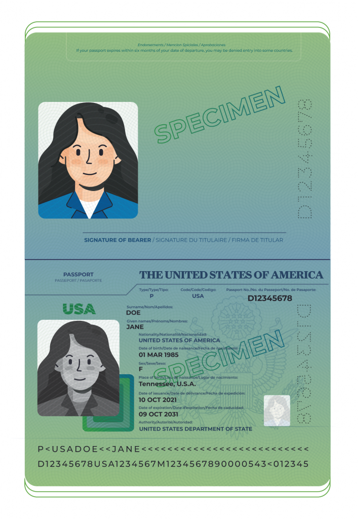 U.S. Passport with picture, passport number, issue date, expiration date, and demographic information for Jane Doe.