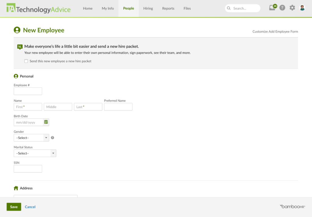 BambooHR displays a list of fillable fields, including name, birth date, gender, and marital status for adding a new employee.