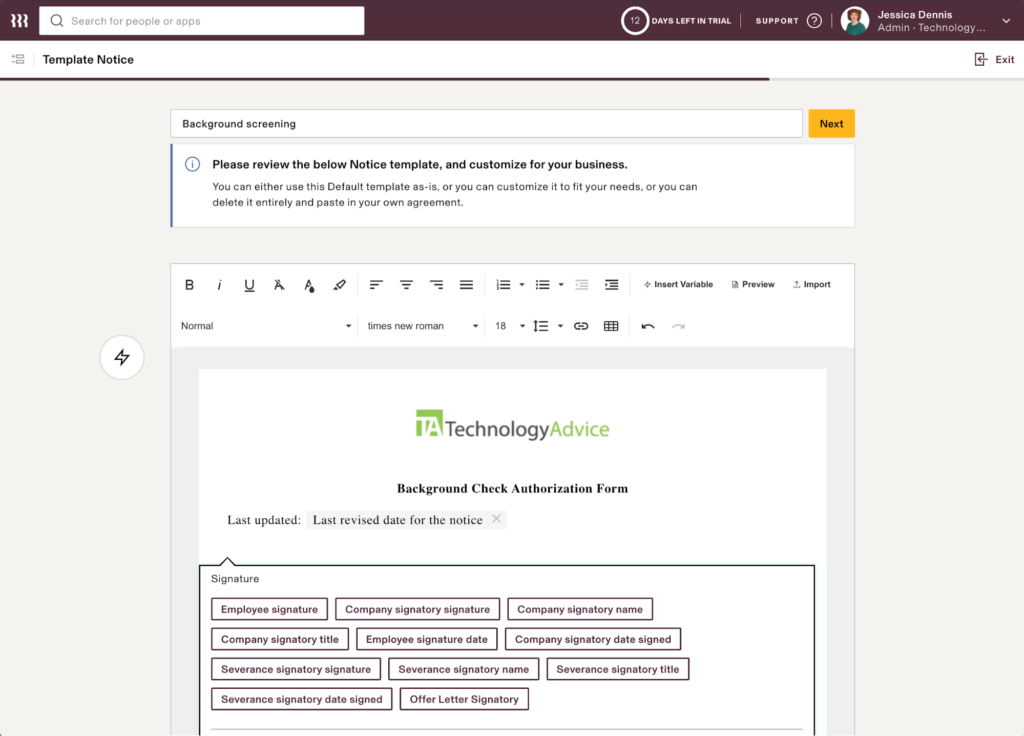 Rippling displays TechnologyAdvice’s background check authorization form with a document editor toolbar above and a list of dynamic fields, like employee signature, to add below.