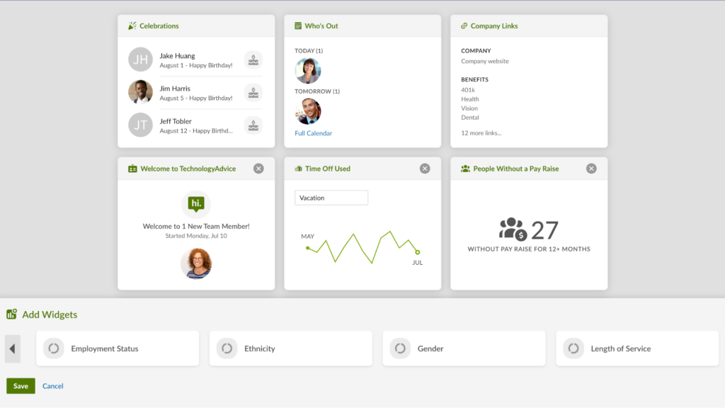 A grid of active BambooHR homepage widgets, like celebrations and time off used, appears above a bottom rail listing all available widgets.