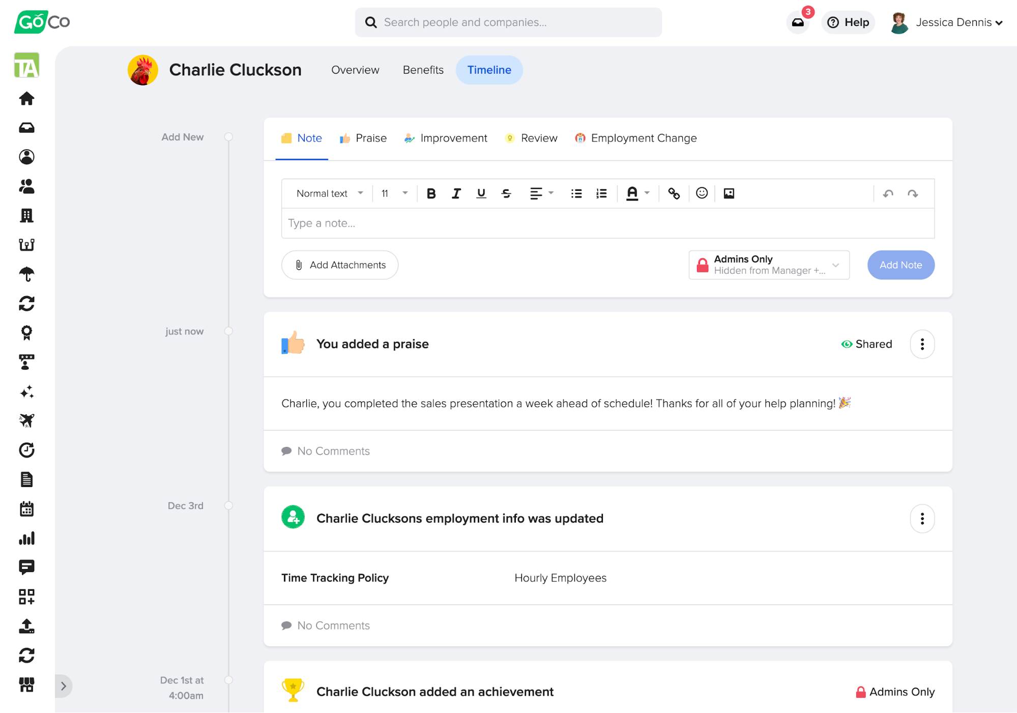 GoCo’s timeline dashboard displays a list of changes by date for an employee named Charlie, including praise from a coworker and a professional achievement.