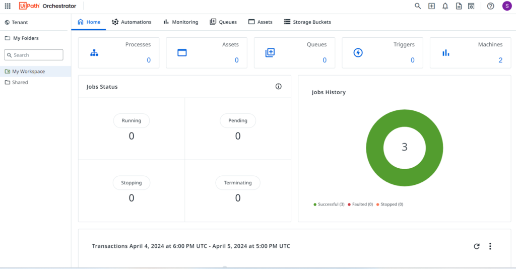 UiPath's dashboard showing a summary of jobs statuses and histories.