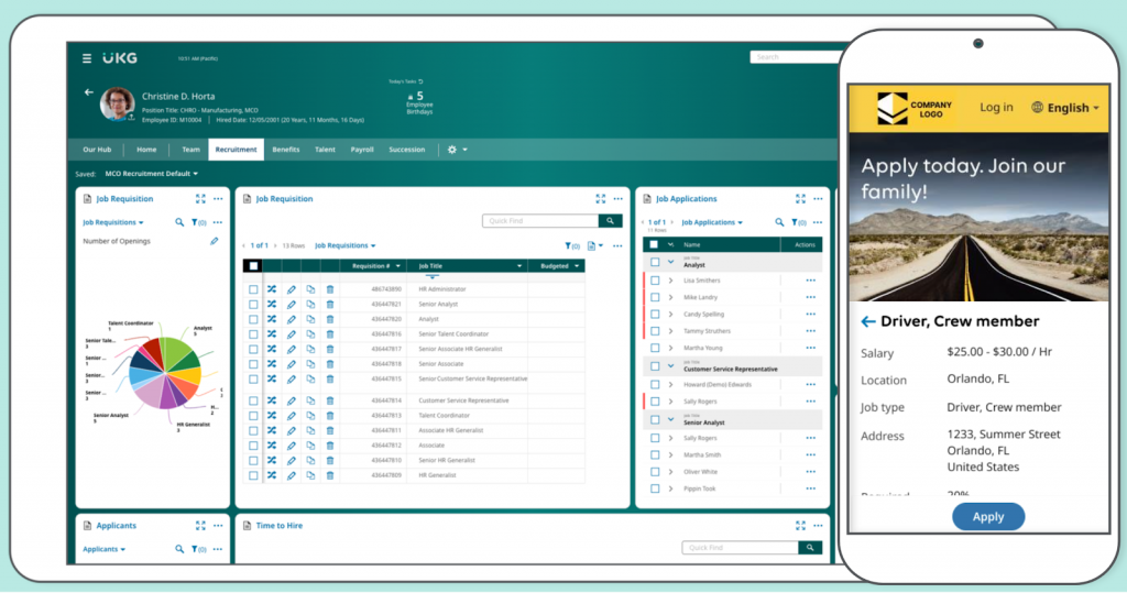 A tablet and mobile phone show two different views of UKG Ready's recruitment module; the tablet displays its recruitment homepage with reports for open job requisitions, new job applications, and time-to-hire metrics; the mobile phone shows a job applicant's view of a job opening for a driver, including salary, location, job time, and address information plus an apply button.