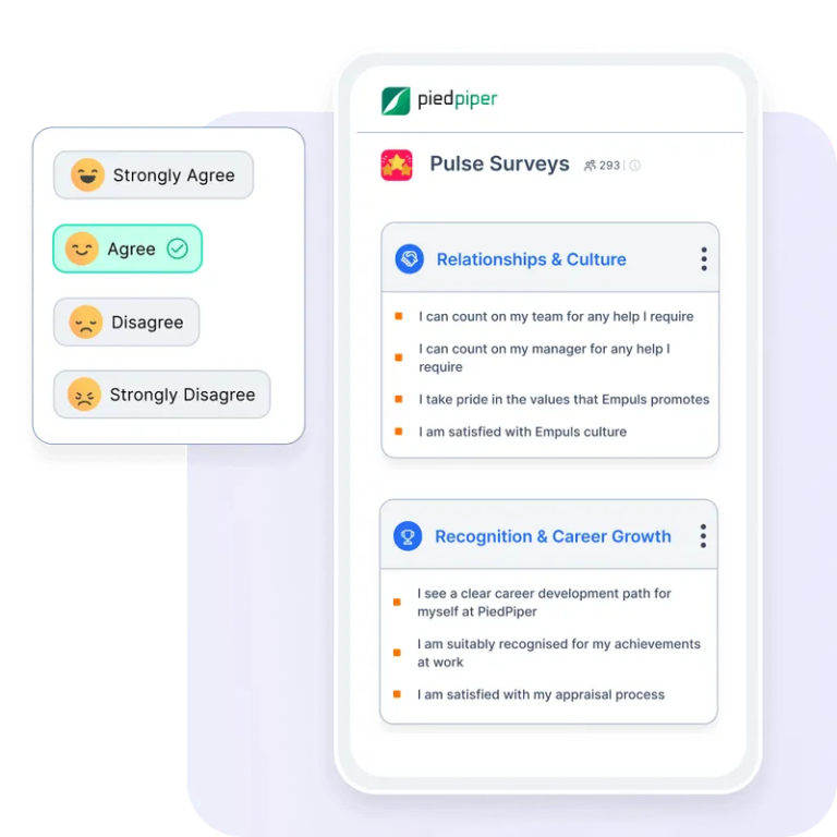 Xoxoday Empuls displays pulse survey questions that ask the reader whether they strongly agree, agree, disagree, or strongly agree with several statements, including "I can count on my team for any help I require" and "I am satisfied with my appraisal process."