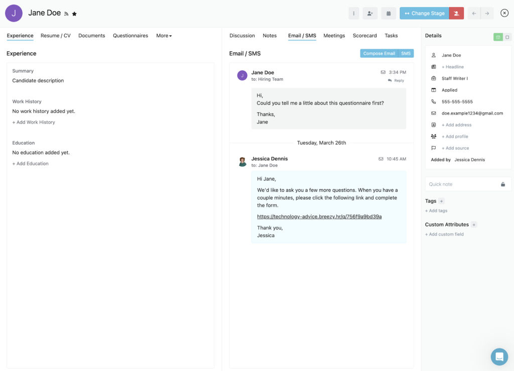 Breezy HR displays a candidate profile for someone named Jane Doe with a summary of prior experience on the left, emails between Jane and a recruiter in the middle, plus candidate contact details, quick notes, and tags on the right.