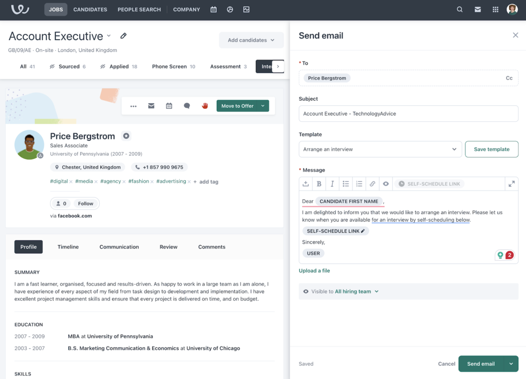 Workable displays a candidate profile for Price Bergstrom, with fields to the right of the screen for creating and sending an email to a candidate.