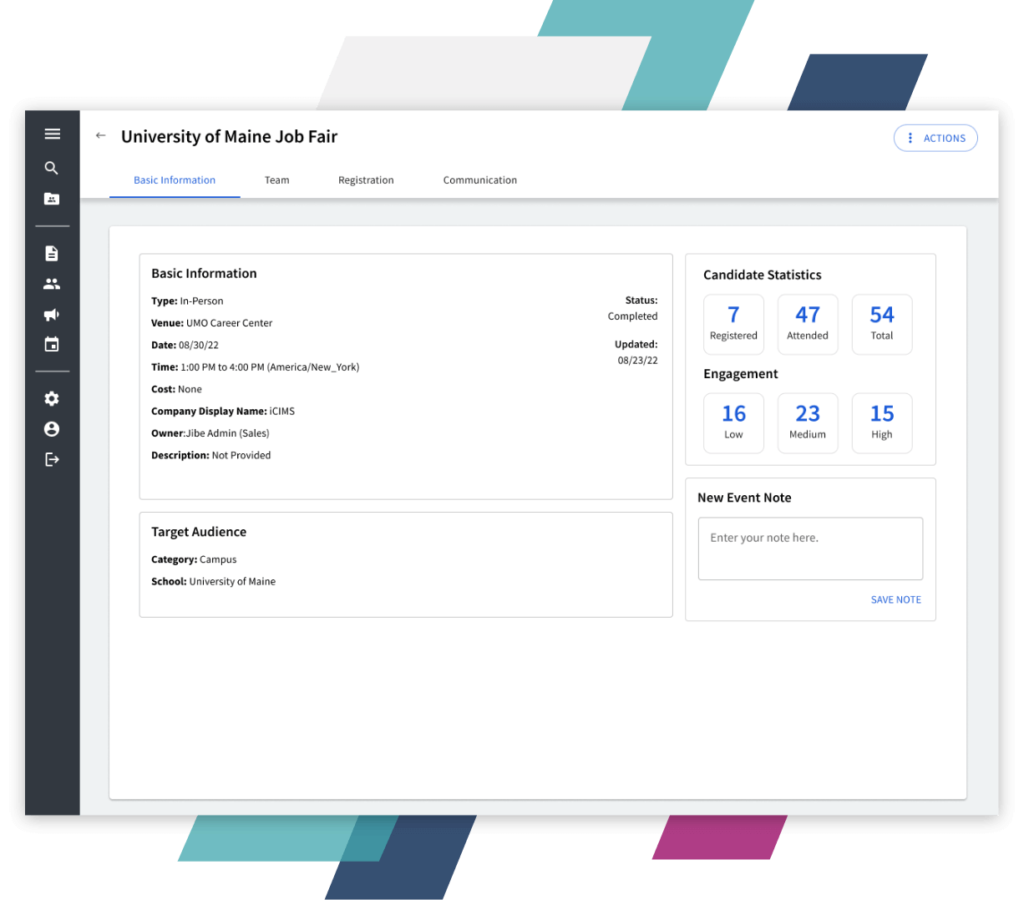 iCIMS displays a dashboard with information about a University of Maine job fair, including basic details like venue and date, target audience information, and candidate engagement statistics.