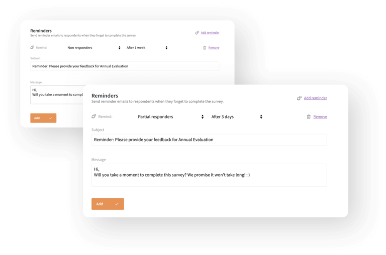 SurveySparrow displays a dialogue box to create a pulse survey reminder email for employees who haven't responded after one week and recipients who have partially responded after three days.