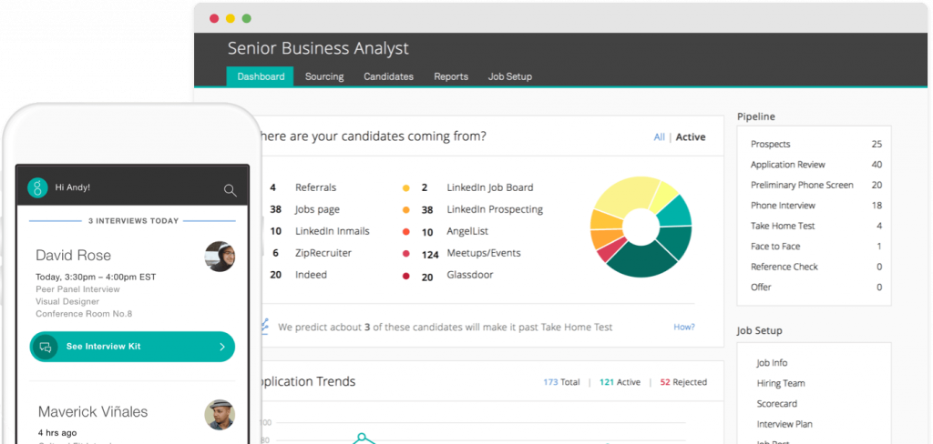 Greenhouse displays a candidate profile in a mobile app and a job dashboard in a desktop app.