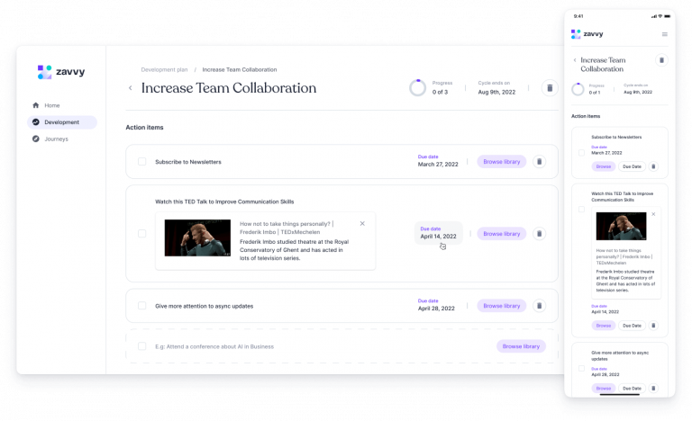 Zavvy displays action items for a development plan about increasing team collaboration.