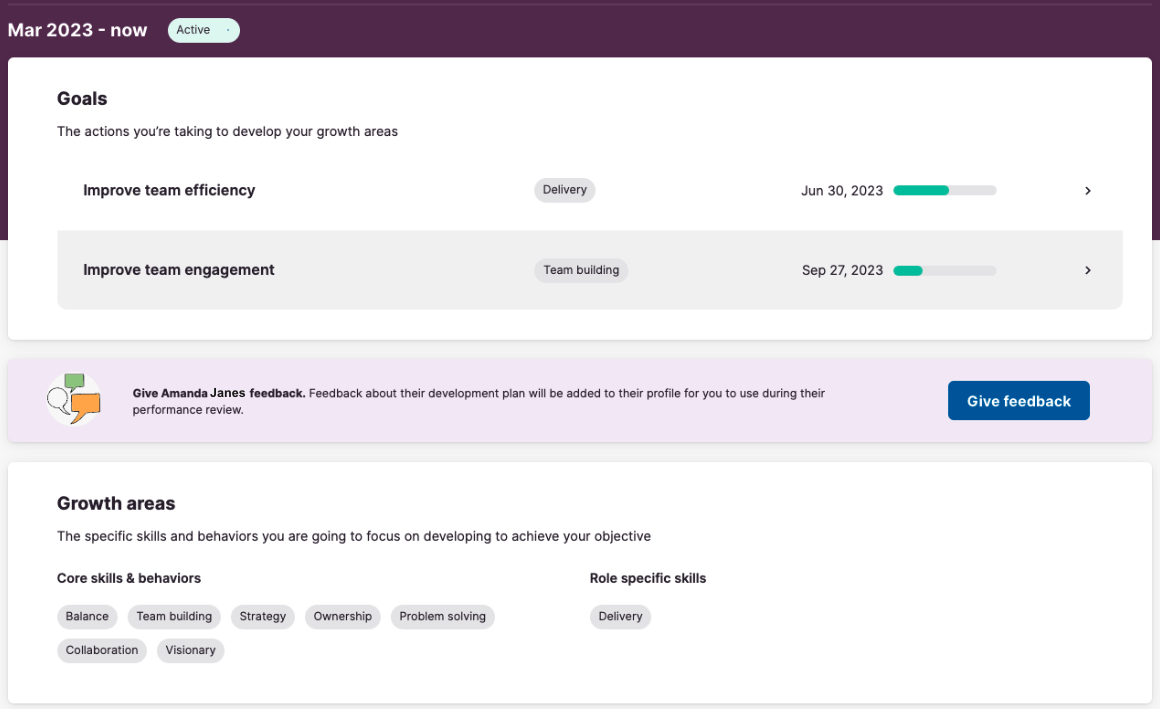 Culture Amp displays an employee's progress toward goals in team building and delivery growth areas.