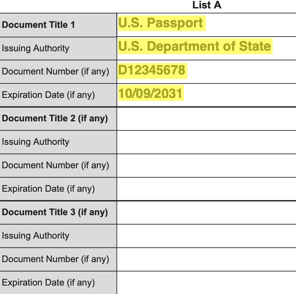 Form I-9's Section 2 List A area with the document title, issuing authority, document number, and expiration date fields completed for a U.S. passport.