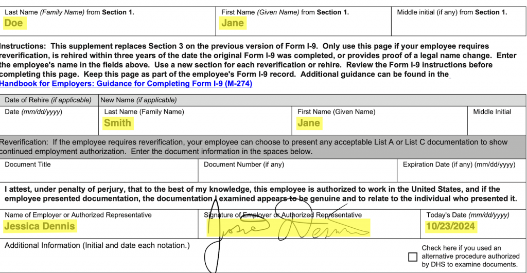 I-9 form Supplement B with fields for the employee's new last and first names filled out as well as the full name, signature, and date of the authorized representative.