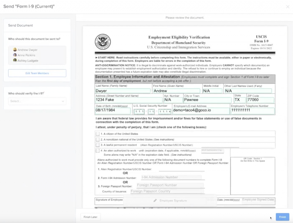 The GoCo platform shows Section 1 of the I-9 form with highlighted fields to fill out.