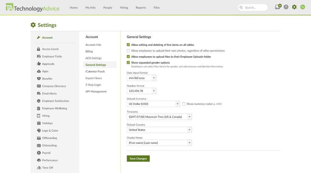 BambooHR displays a left sidebar listing modules like access levels, approvals, onboarding, and payroll, alongside options to adjust general account settings like date format, currency, timezone, and display name.