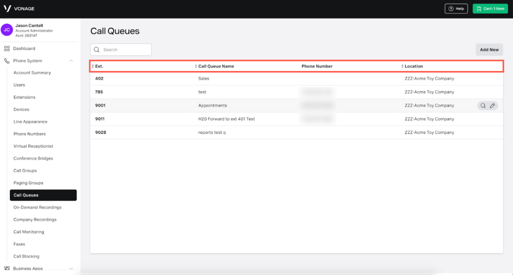 Vonage's Call Queues showing a list of call queues.