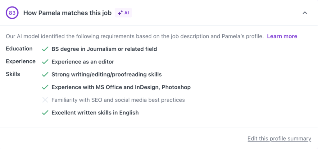 example of an AI-generated candidate summary in Workable for an applicant named Pamela, condensing her education and experience into bullet points.