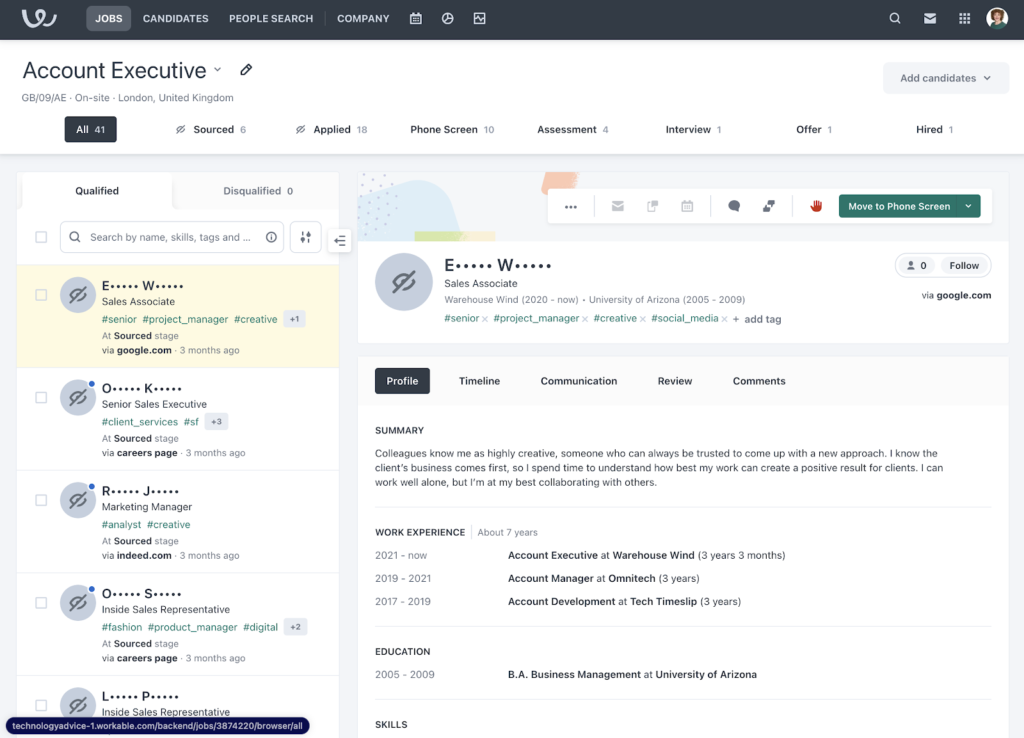 Workable displays its jobs dashboard for the account executive role. On the left is a list of applied candidates, while the right provides detailed information about the candidate's experience, education, timeline, communication, reviews, and comments; only the first and last letters of the candidates' names are visible throughout.