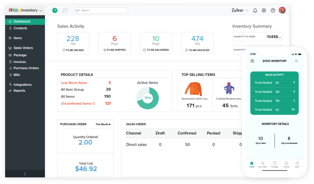 Zoho Inventory dashboard.