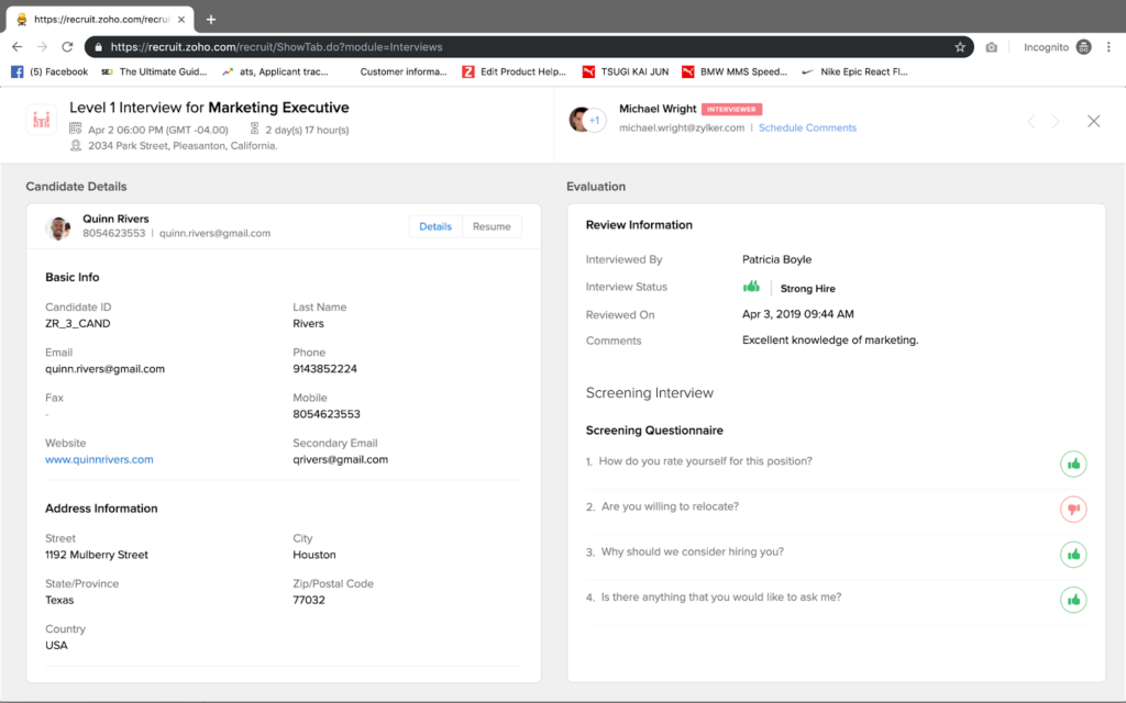 A screenshot of Zoho Recruit’s ATS feature that allows recruiters to screen and evaluate candidates.