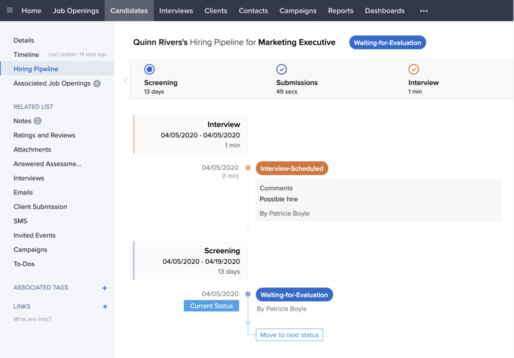 Candidate pipeline example page in Zoho Recruit for an applicant named Quinn Rivers.