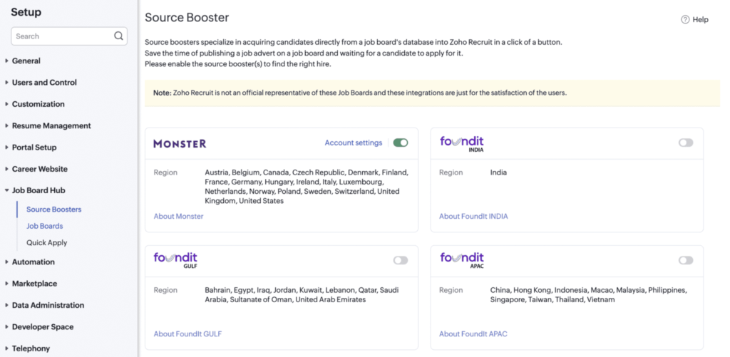 Zoho Recruit displays Source Booster options for importing candidates directly.