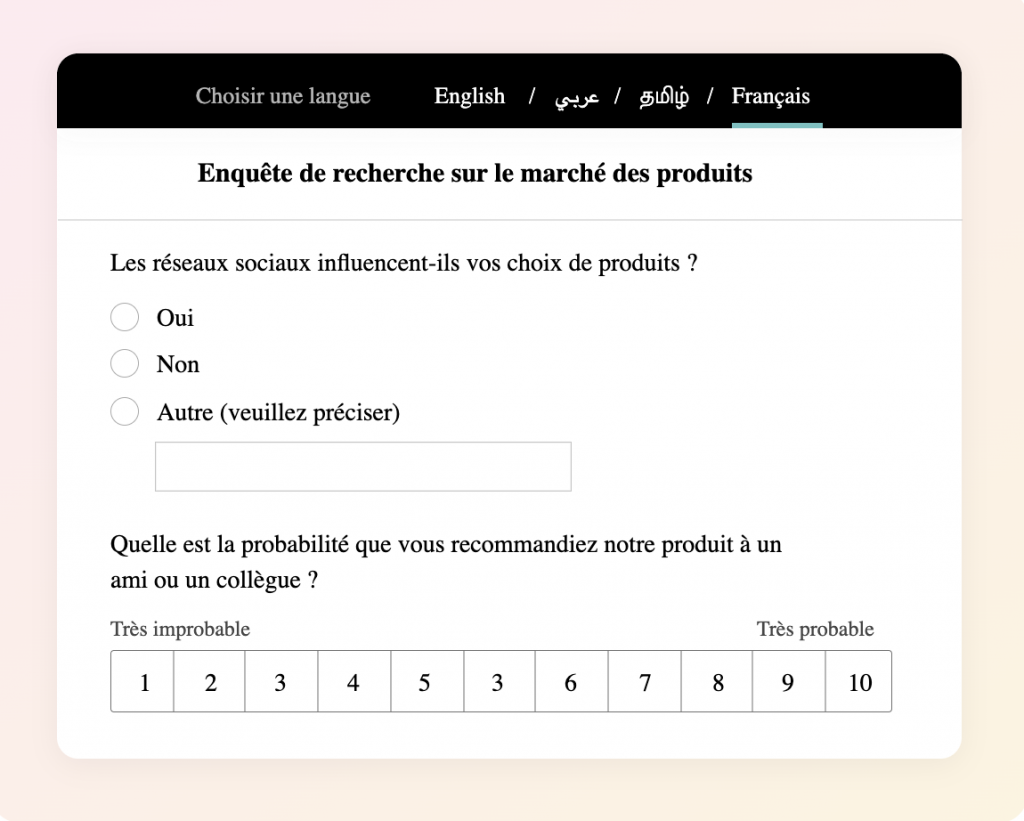 Zoho Survey displays a survey question in French.