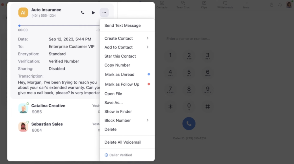 Voicemail transcription and additional options in the Zoom Phone app.